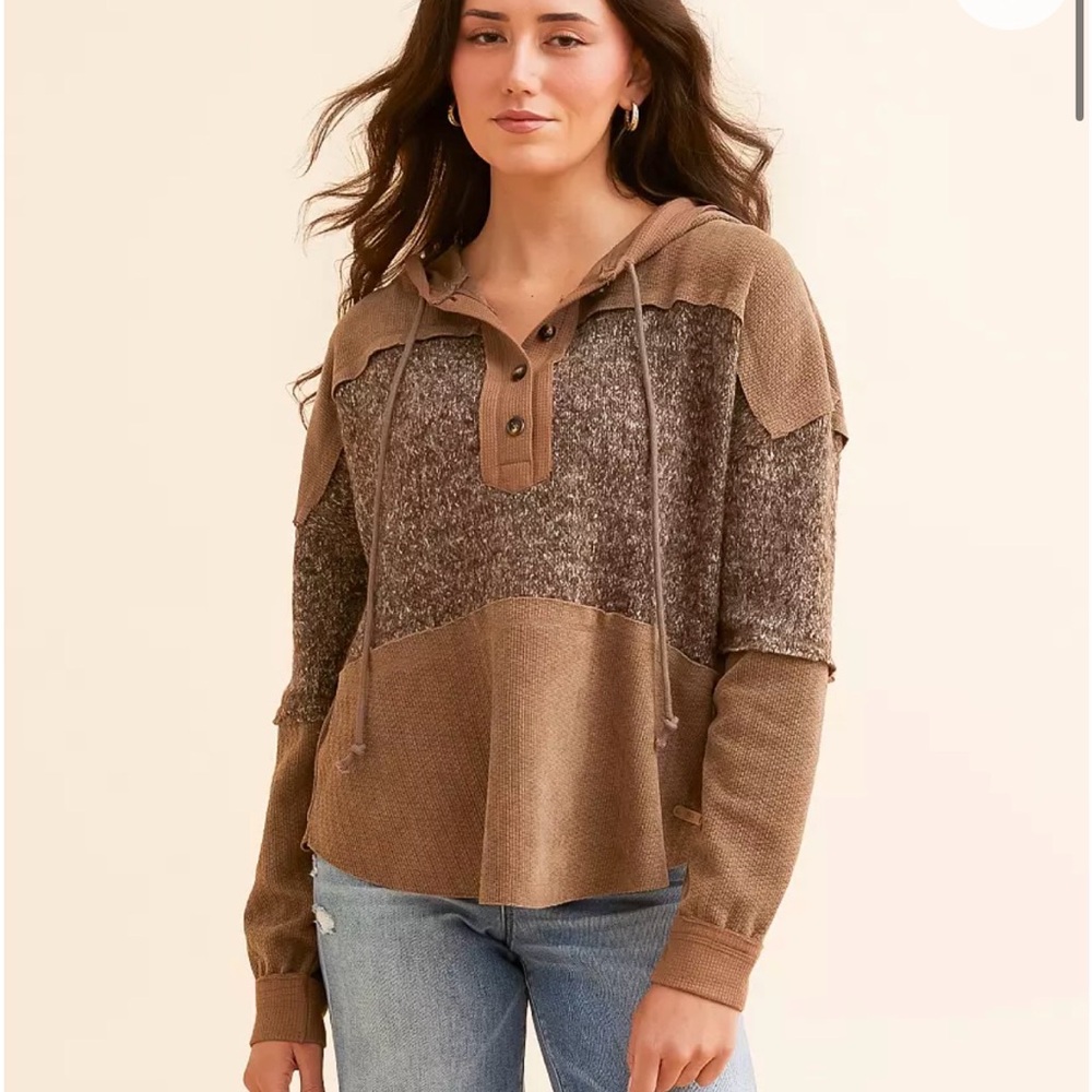 BKE Pieced Hooded Henley Pullover